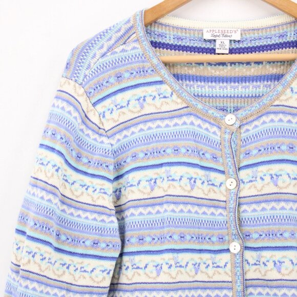 Appleseed's Limited Edition Cardigan Womens Blue Fair Isle Pointelle Light XL - Picture 3 of 9
